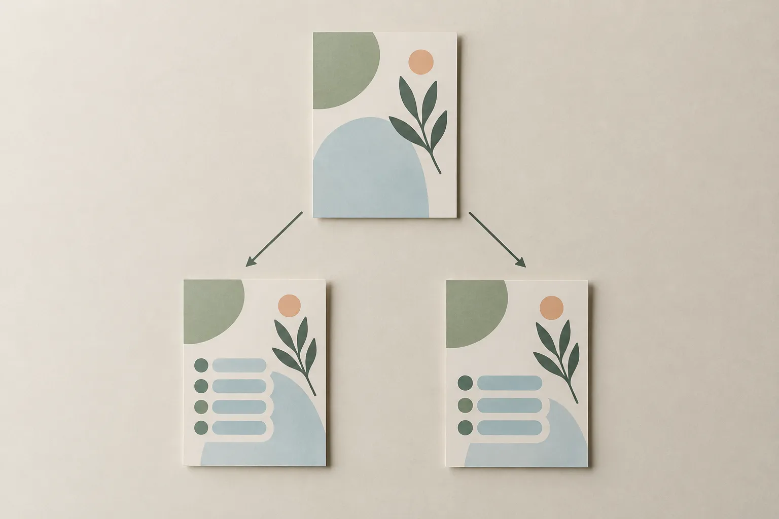 Een basiskaart vertakt via pijlen naar twee bijpassende kaarten met vier en drie programmablokken op een beige ondergrond