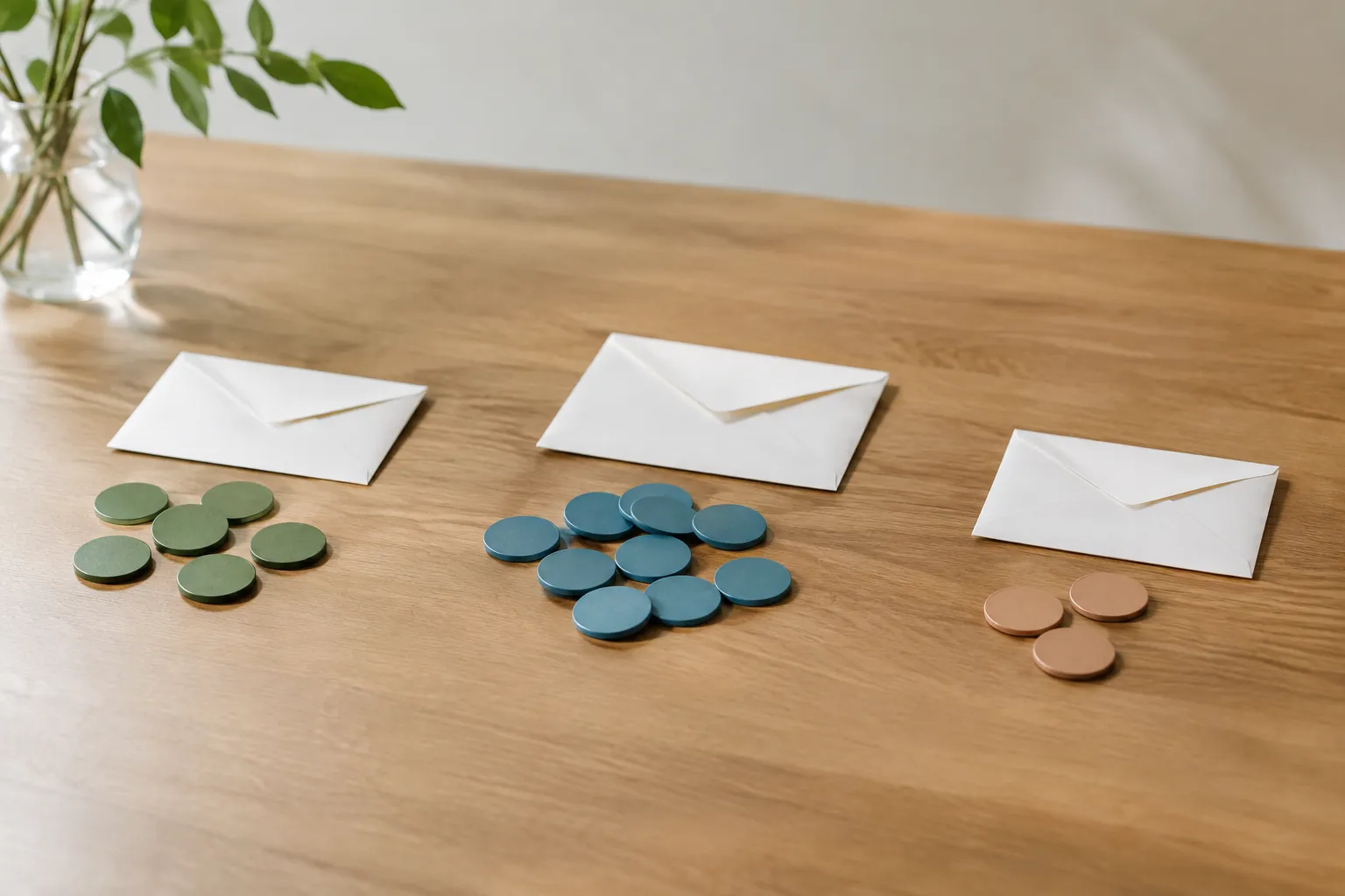 Drie groepjes gekleurde ronde fiches liggen op een houten tafel, elk met één witte envelop