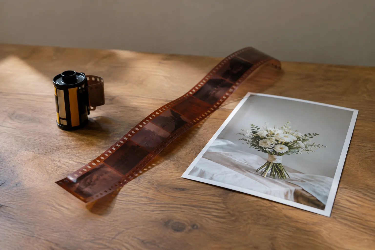 Een filmrolletje, een strook negatieven en een fotoafdruk van een wit trouwboeket op een houten tafel