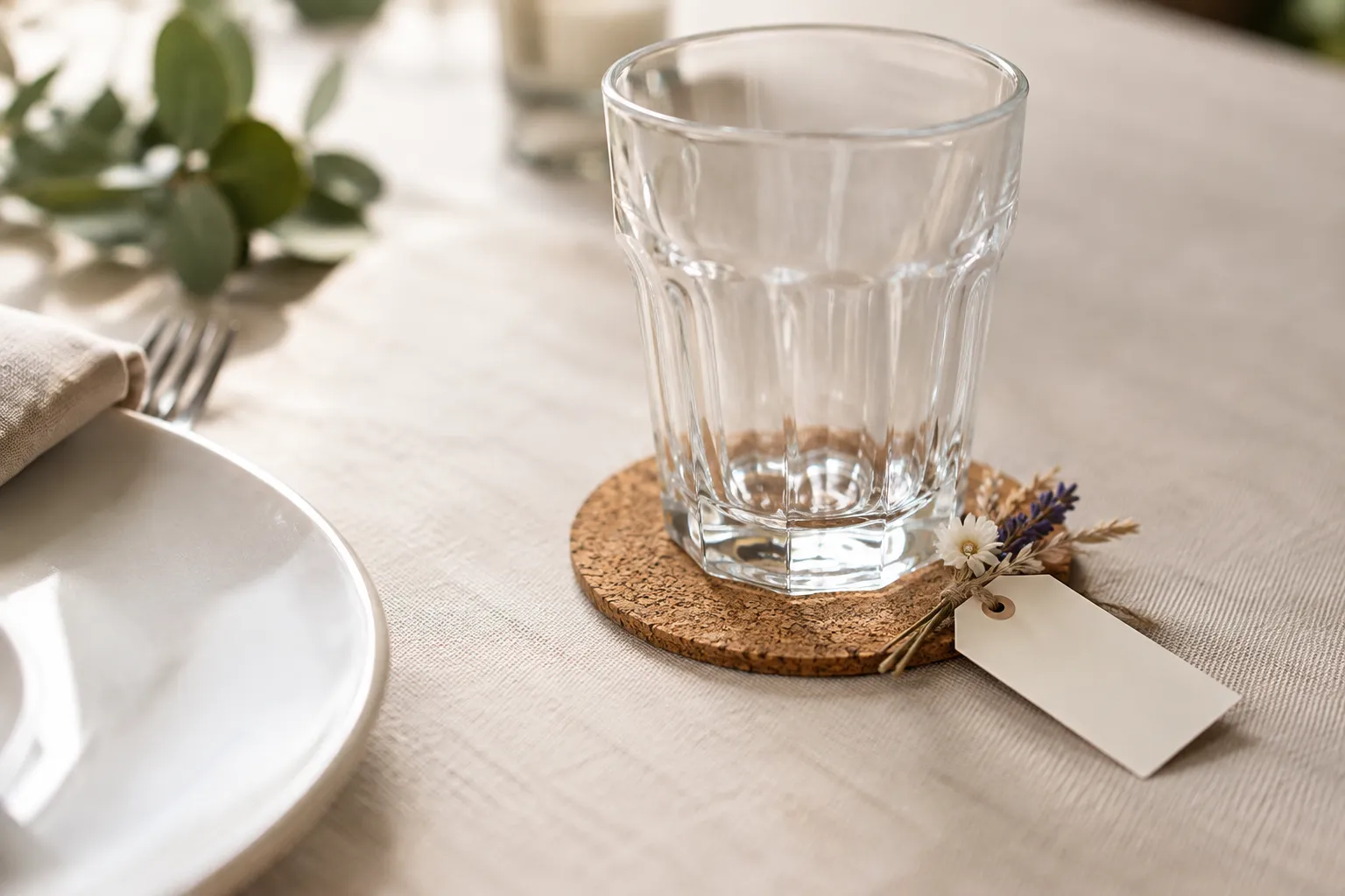 Een glas op een kurken onderzetter met een blanco label en droogbloemetjes naast een bord op een gedekte tafel