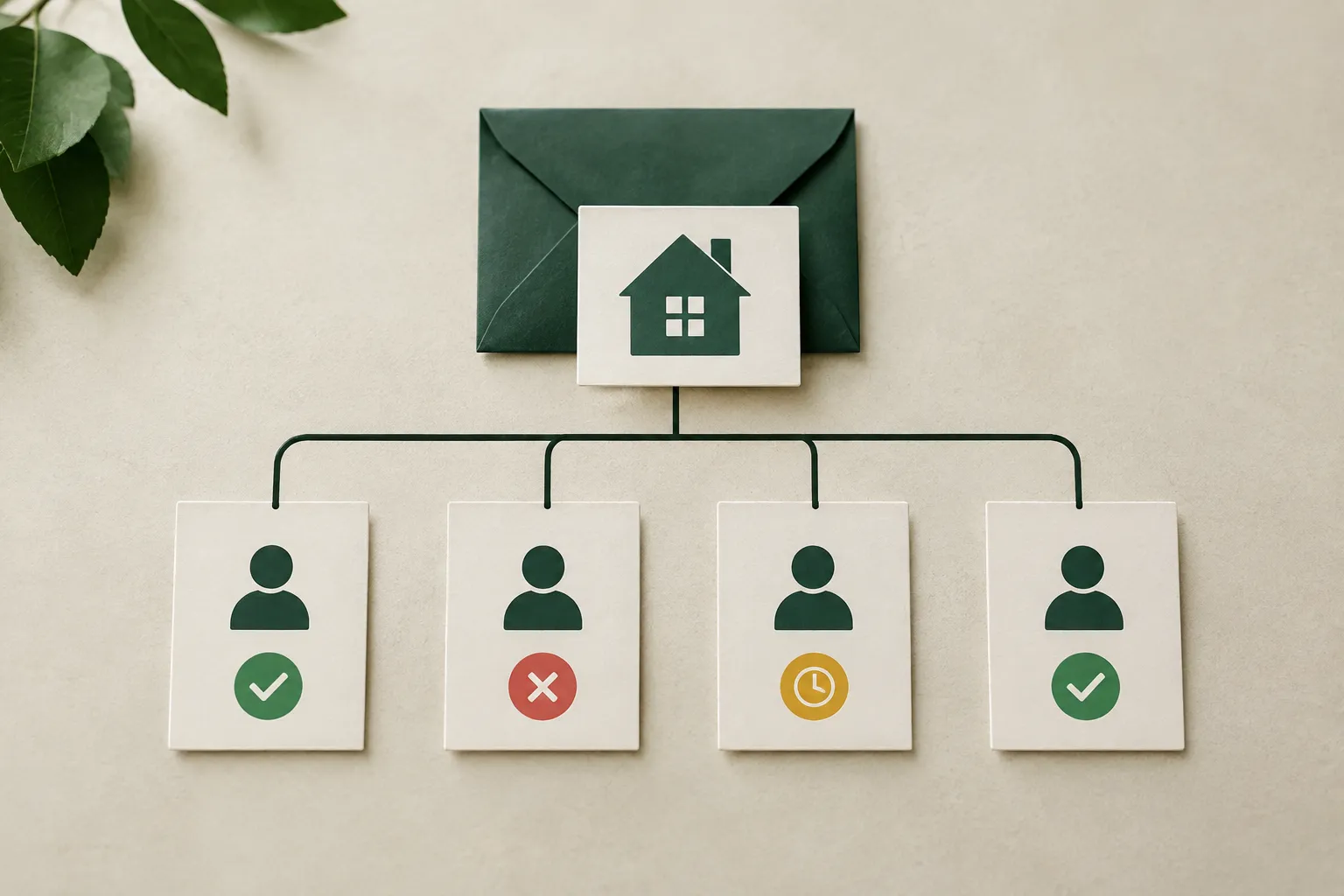 Een groene envelop met een huiskaart is verbonden met vier gastkaarten met vinkjes, een kruis en een klok