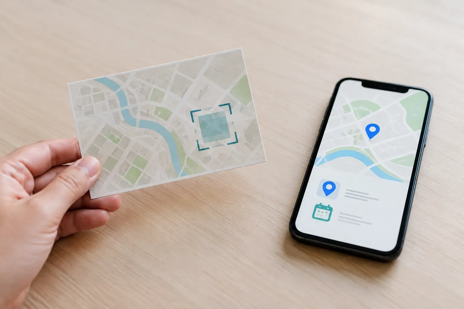 Een hand houdt een papieren plattegrond met scanvlak naast een telefoon met locatie- en kalenderpictogrammen