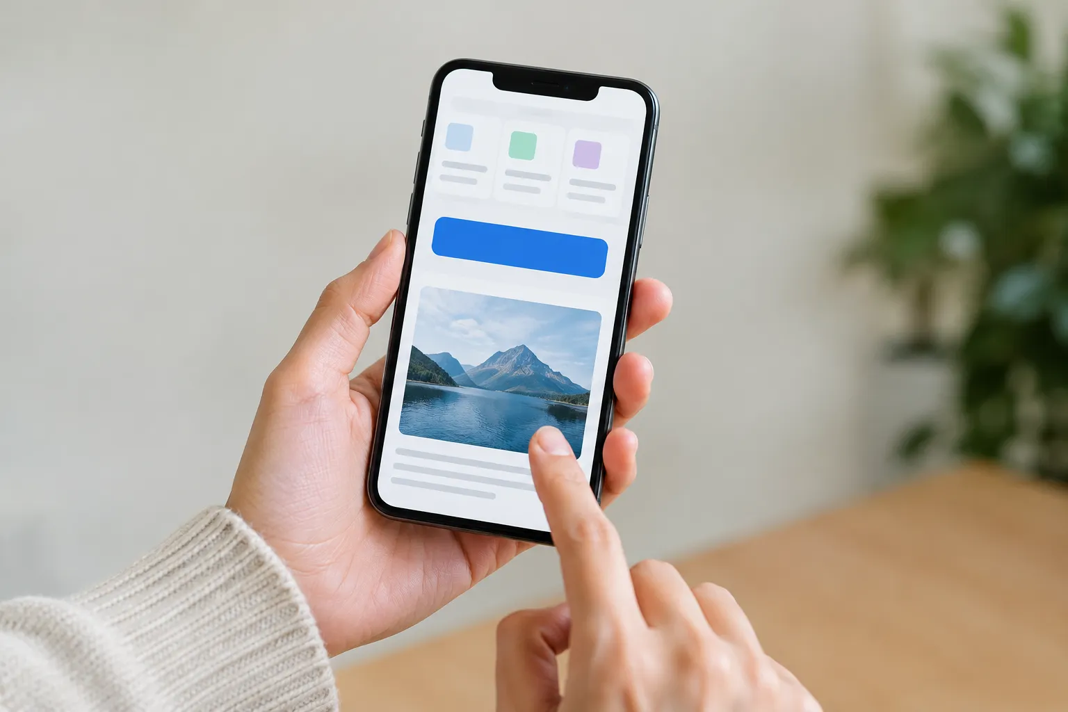 Handen bedienen een telefoon met bovenaan drie informatieblokken, daaronder een blauwe knop en een landschapsfoto