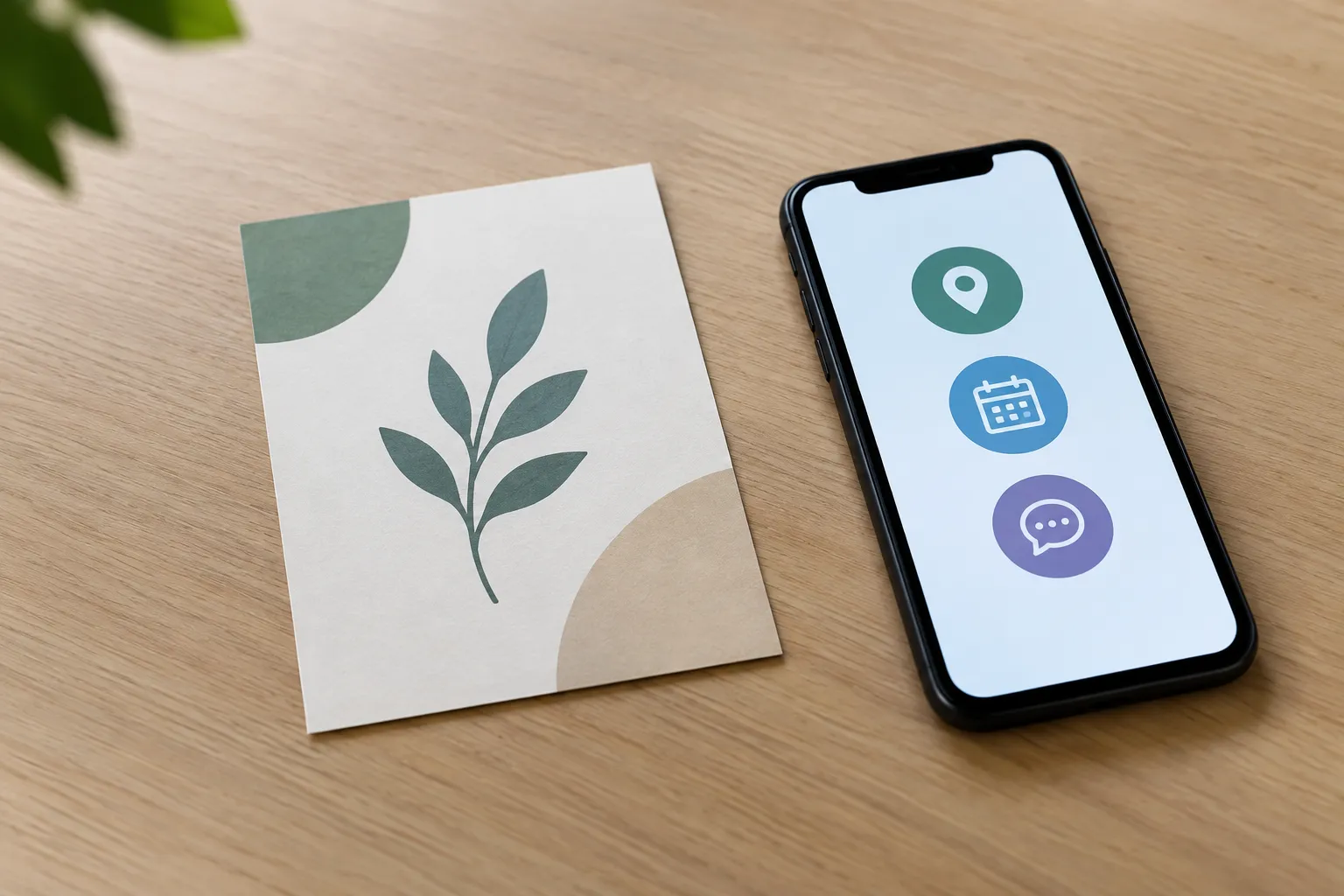 Een kaart met een bladtak ligt naast een smartphone met pictogrammen voor locatie, kalender en reactie