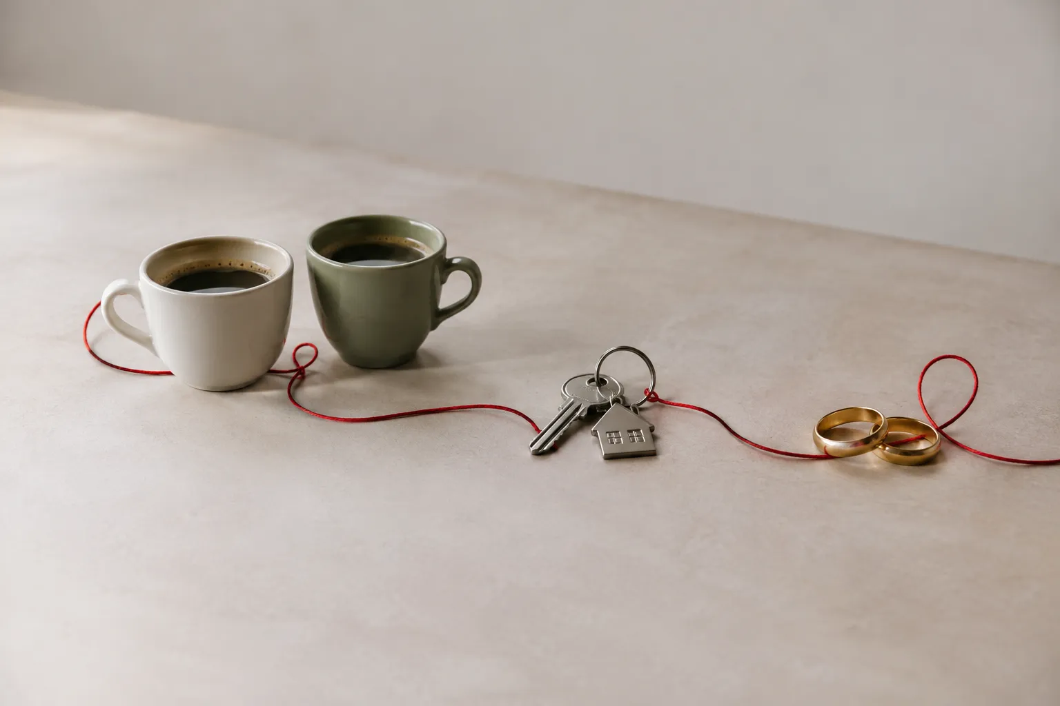 Een rode draad verbindt twee koffiekopjes, een sleutelbos met een huisje en twee gouden trouwringen op een lichte tafel