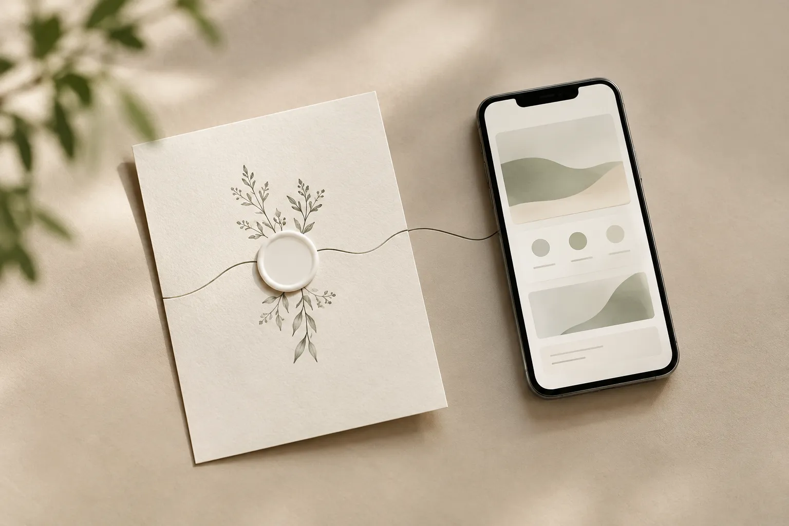 Een trouwkaart met takjes en een blanco zegel ligt naast een telefoon met abstracte vlakken, verbonden door een dunne lijn