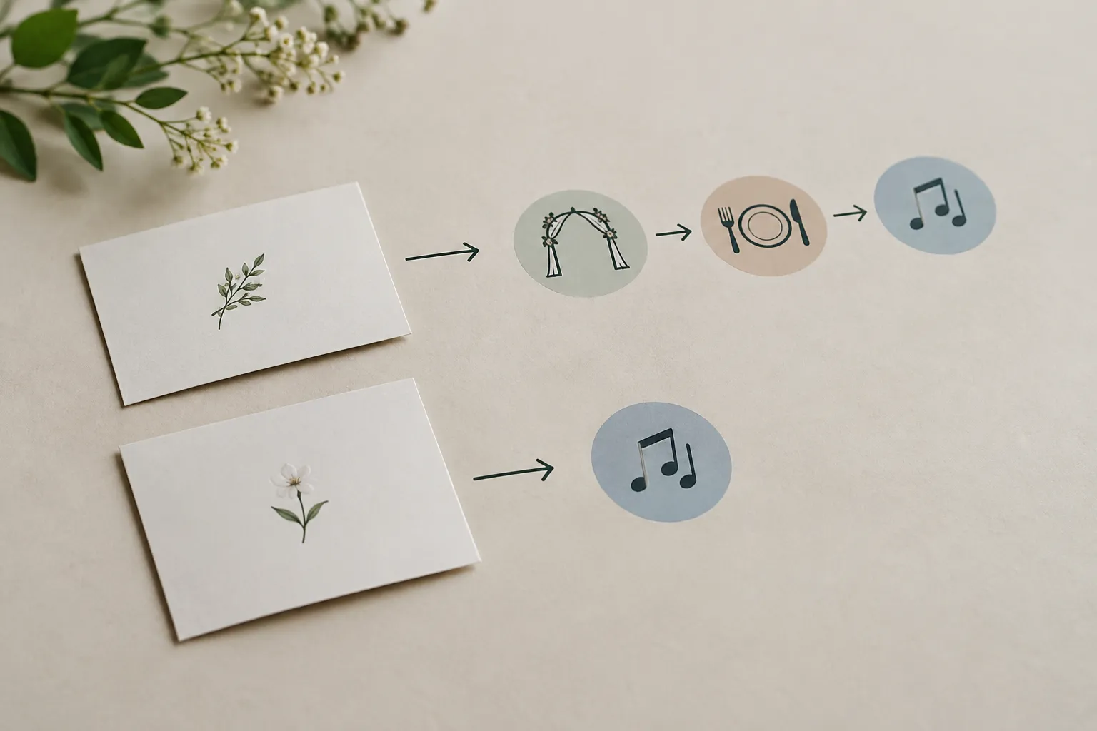 Twee kaarten met bloemmotieven leiden via pijlen naar pictogrammen voor ceremonie, diner en muziek, of alleen muziek