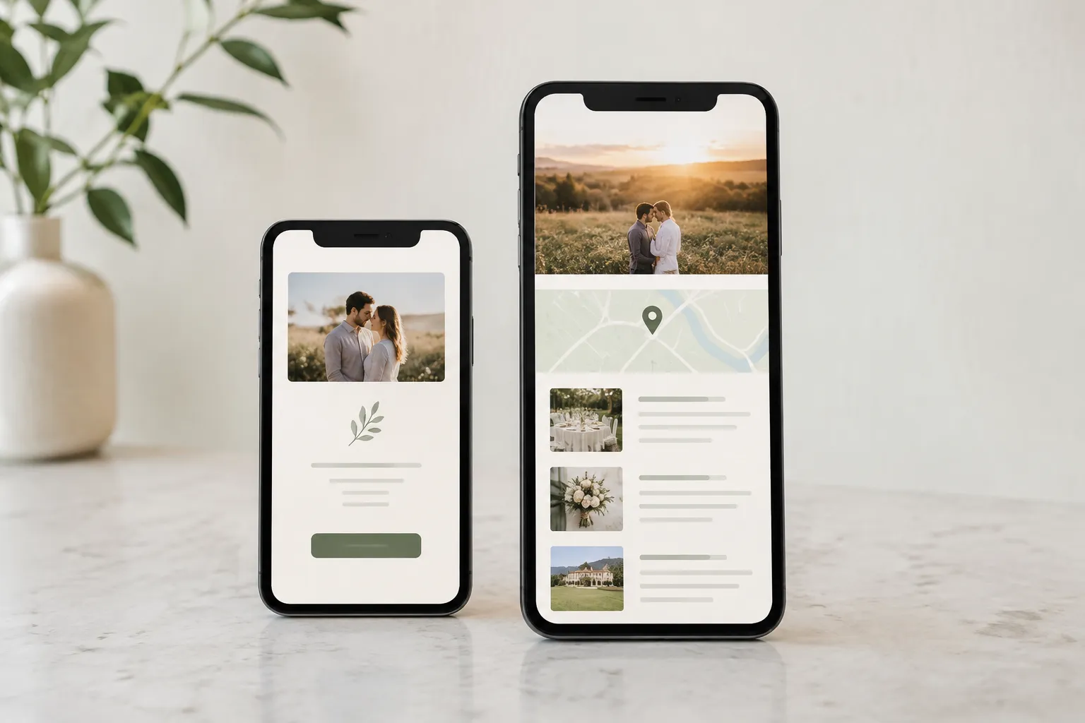 Twee smartphones tonen een korte uitnodiging en een langere trouwpagina met foto's, een kaart en informatieblokken
