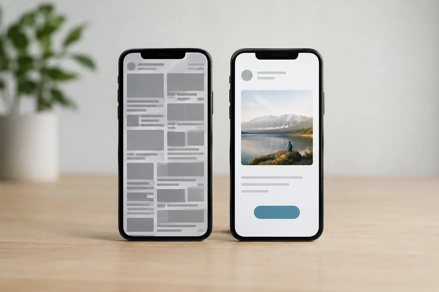 Twee smartphones tonen links een volle indeling en rechts veel witruimte, een landschapsfoto en een blauwe knop