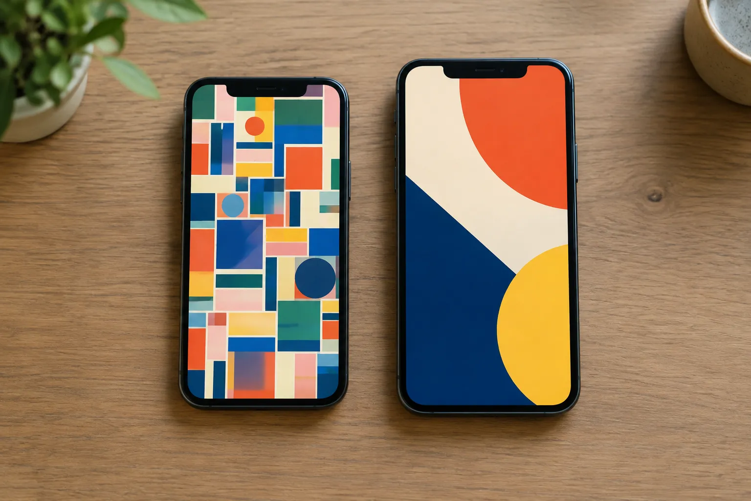 Twee telefoons op een houten tafel tonen links een druk kleurpatroon en rechts grote, contrasterende kleurvlakken