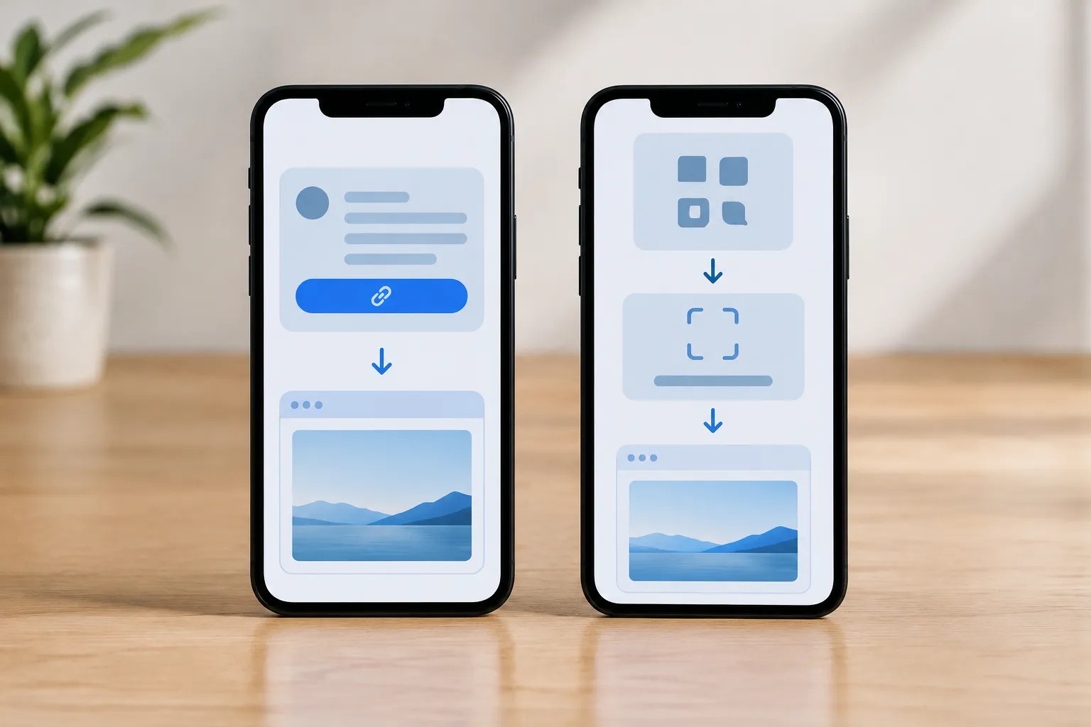 Twee telefoons tonen een directe linkroute en een route met een extra scanstap naar een webpagina
