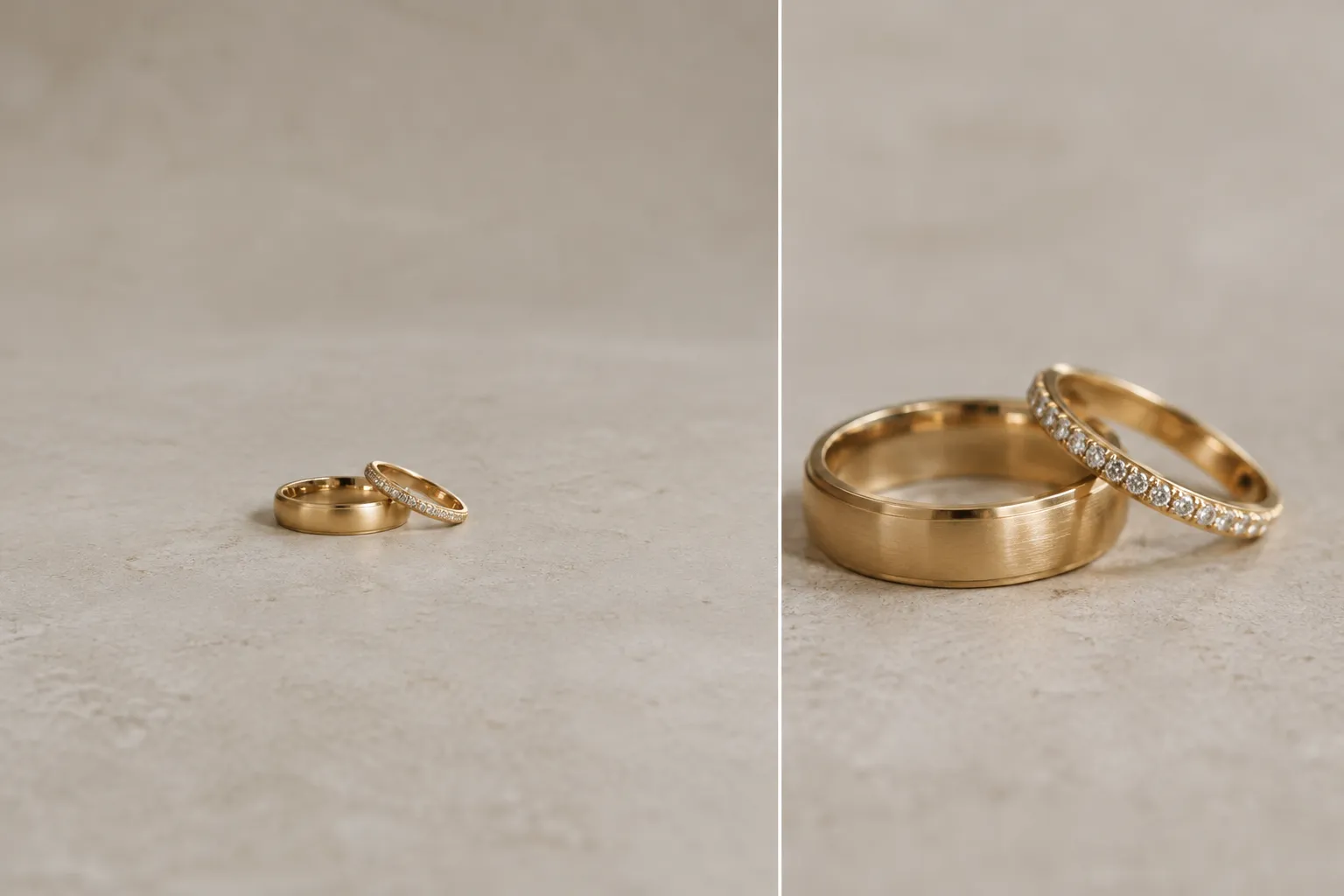 Twee uitsneden van gouden trouwringen op een beige ondergrond, links ruim in beeld en rechts van dichtbij