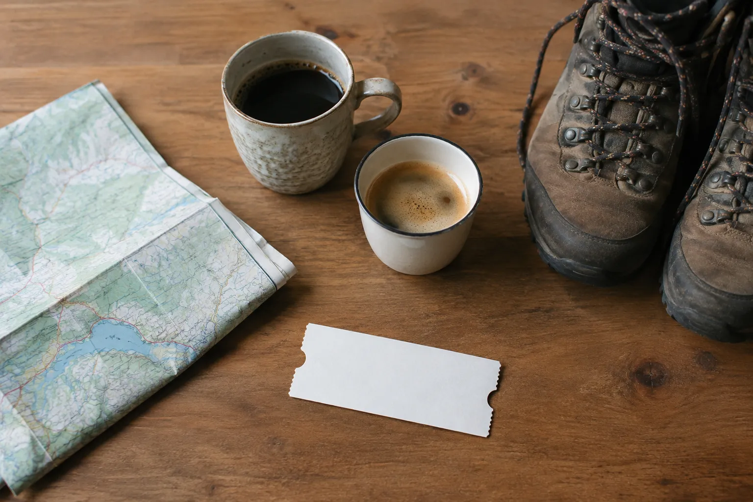 Twee verschillende koffiekopjes, wandelschoenen, een gevouwen kaart en een blanco kaartje op een houten tafel