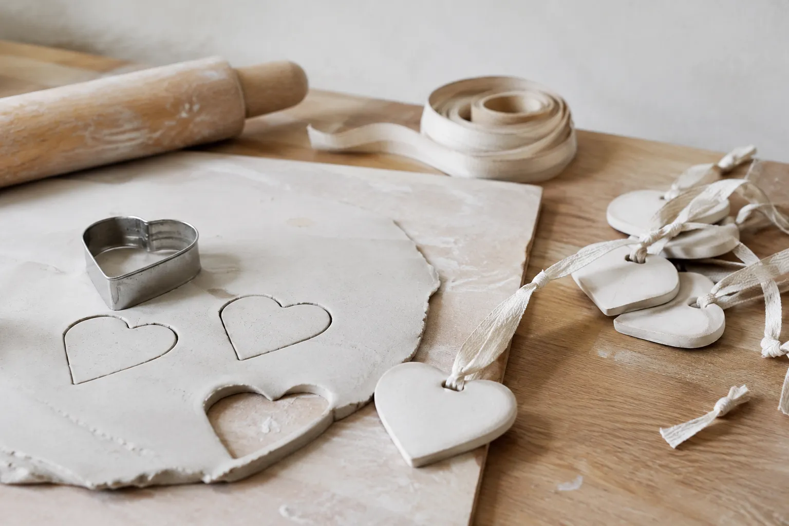 Uitgerolde klei, een hartvormige uitsteker, katoenen lint en afgewerkte hartjeshangers op een houten werkvlak