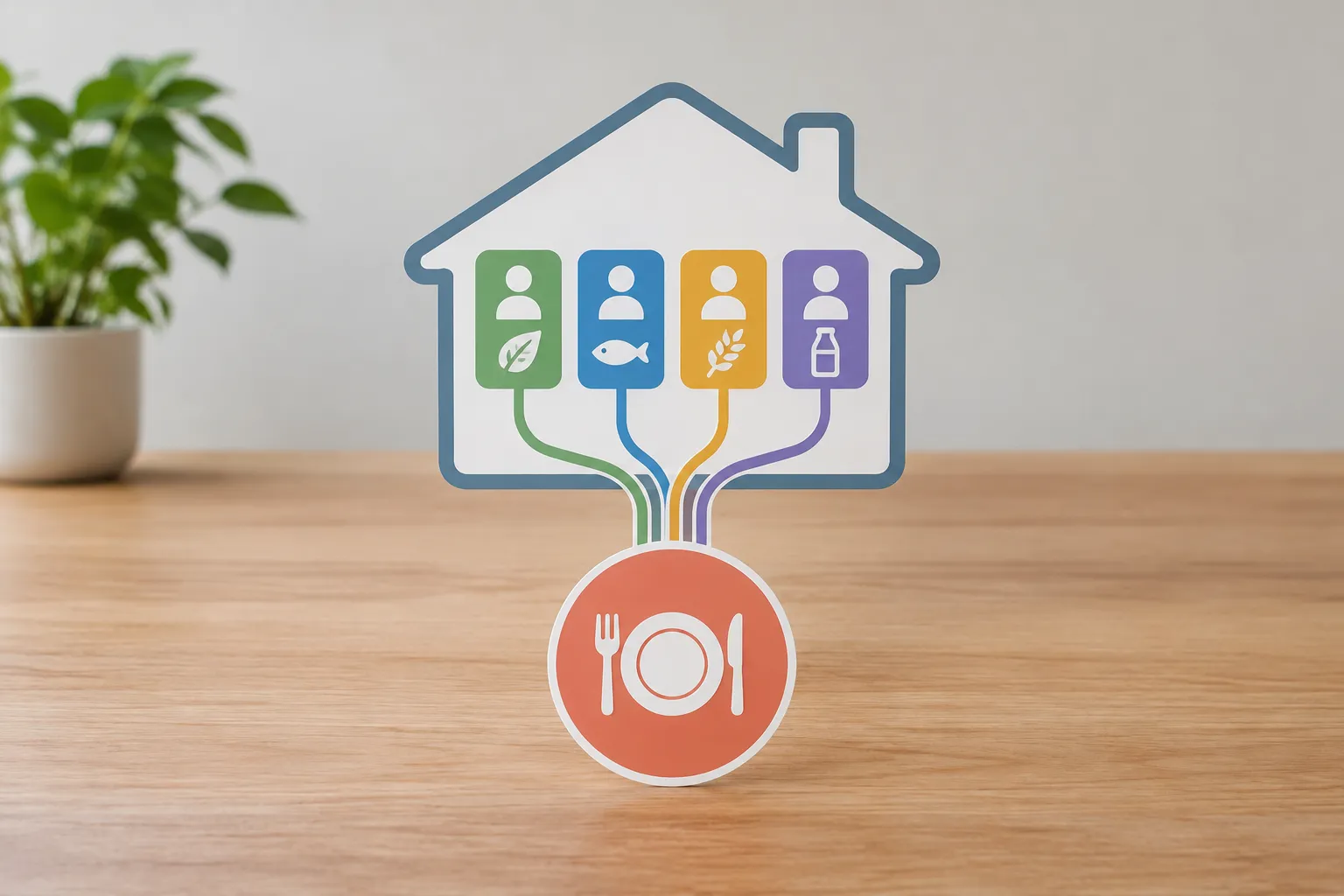 Vier gekleurde gastkaarten met voedingssymbolen binnen een huisvorm zijn verbonden met een bordicoon op een houten tafel