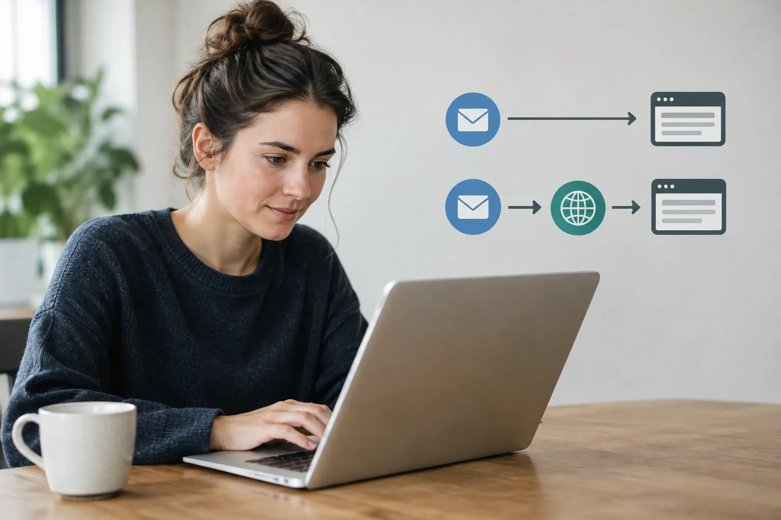 Een vrouw werkt op een laptop naast een schema met een directe route en een route via een wereldbol naar webpagina's